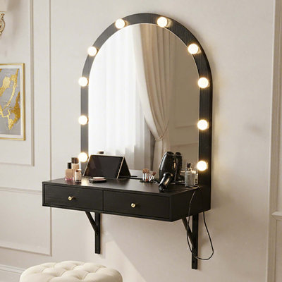 Coiffeuse murale flottante avec miroir DEL, éclairage 3 couleurs, table de maquillage compacte avec prise électrique et port USB, meuble de rangement spacieux et peu encombrant pour chambre ou salle de bain