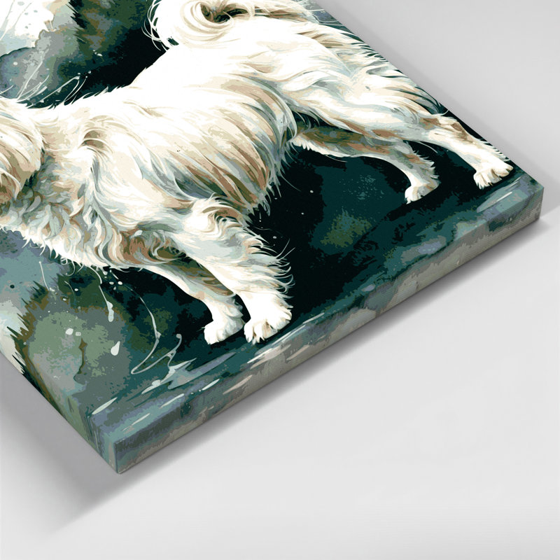 Chiens, art mural beige sur toile Kishu Ken, H 12 po x l 18 po