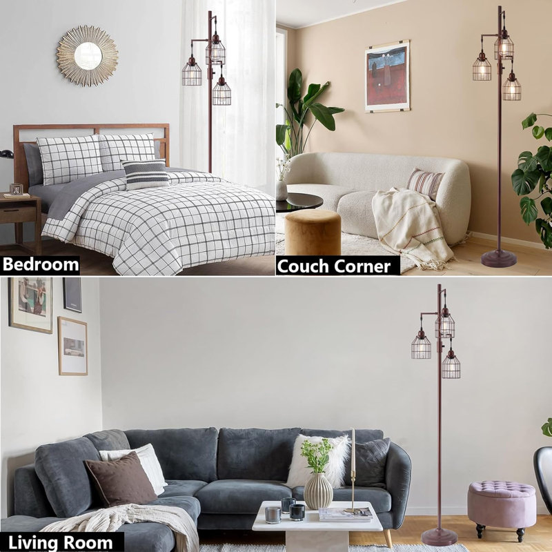 Farmhouse Industrial Dimmable Floor Lamp With 3 Lights, Metal Cage Tree Design, Includes 3 LED Bulbs, 68" Height For Living Room, Bedroom, Office