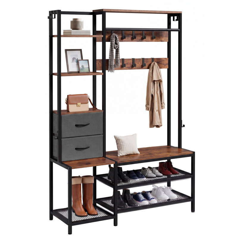 Hall Tree 120cm Wide with Bench and Shoe Storage, Brown