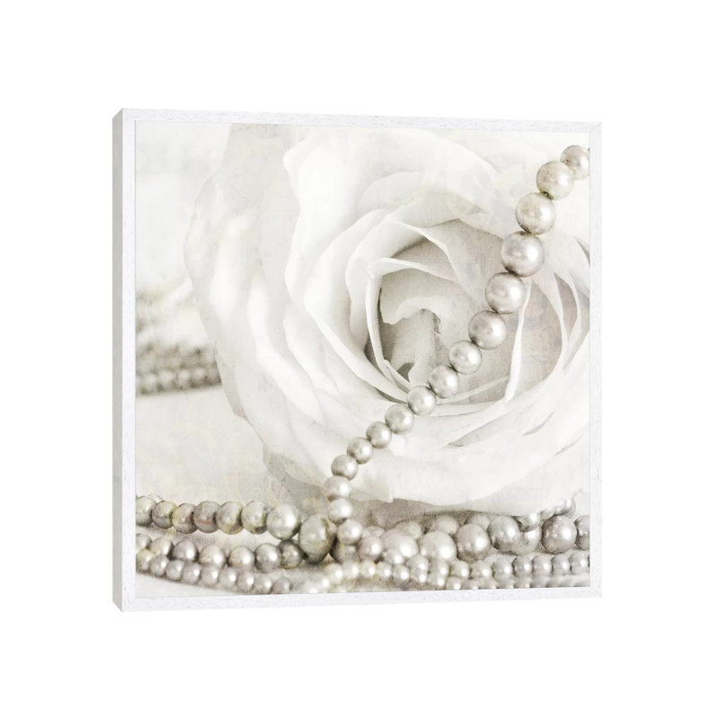 White Rose With Pearls by Tom Quartermaine - Print on Canvas, 45.72 cm H x 45.72 cm W, White Framed
