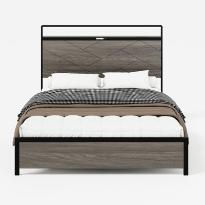 Metal Full Size Bed Frame With Storage, Led Lighting, Type - C Charging, Artistic Retro Design, And Quiet Build Lit Headboard, Under 2 Ports, Stable Quiet, No Spring Needed