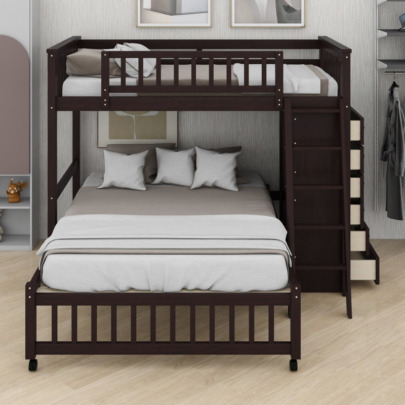 Bunk Bed with Six Storage Drawers, Shelves and Bottom Bed on Wheels for Easy Movement, Espresso