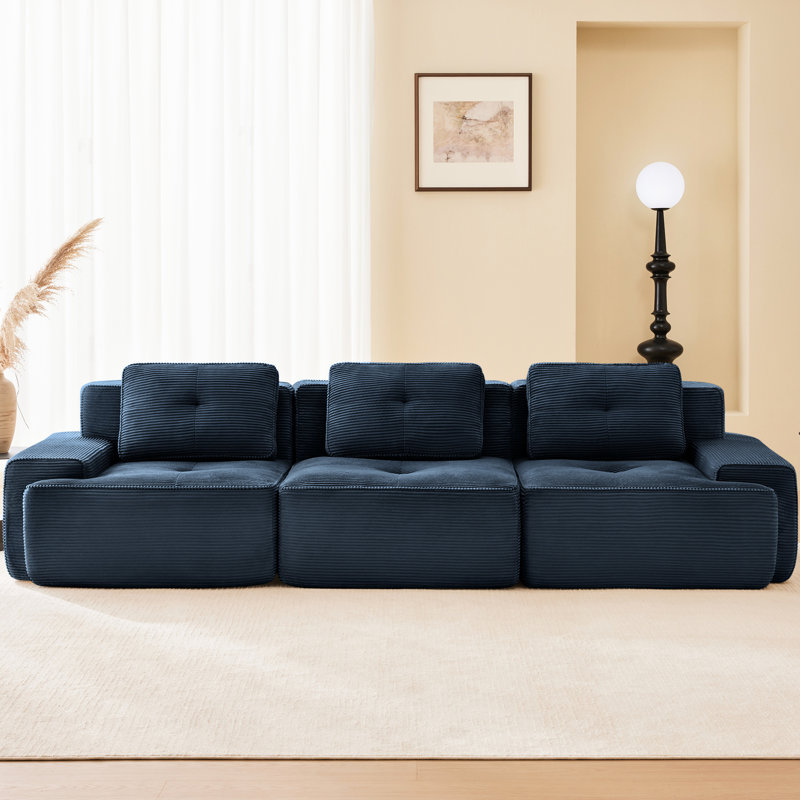 Canapé modulaire surdimensionné de 117 po en velours côtelé bleu 117 "avec passepoil perlé, sans assemblage, glissade pour salon, connexion avec boucle, design