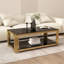 Table basse rectangulaire à deux couches avec plateau en verre et structure en métal