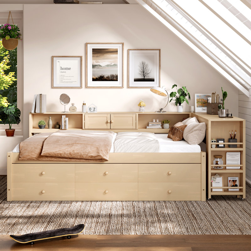 Twin Size L-Shaped Wooden Daybed with Trundle, Storage Drawers, Side Shelves & Built-In Desk,Golden., Natural, Twin