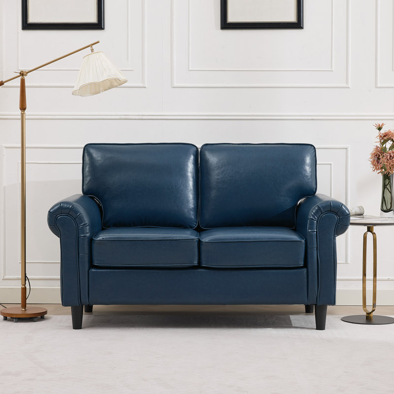 Luelle 61" Upholstered Loveseat Faux Leather Sofa Rolled Arm, Navy