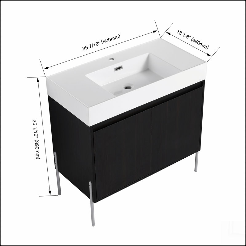 Meuble-lavabo sur pied 36 po avec lavabo en résine, armoire de rangement avec portes à fermeture douce (ensemble KD)