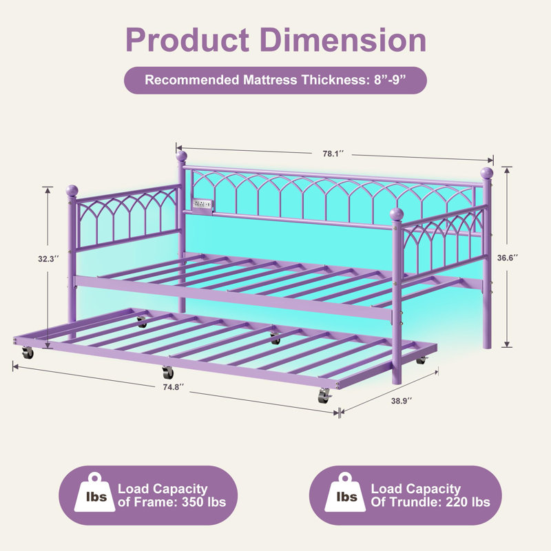 Daybed with Trundle, Metal Twin Trundle Bed with Charging Station & LED Lights, Sofa Beds Frame with Pull Out Bed, Twin