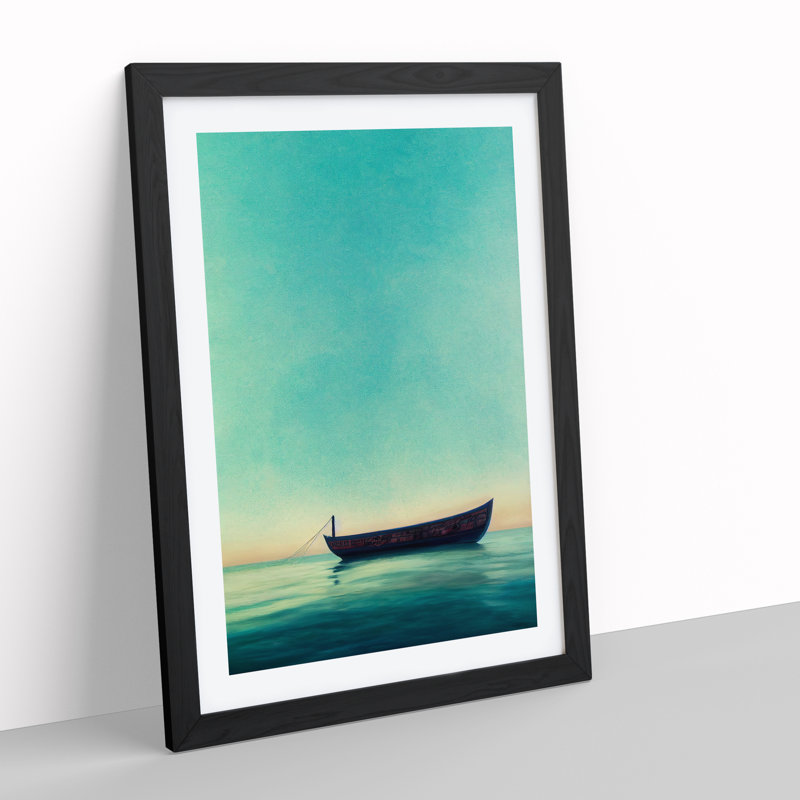 Boat On The Ocean Watercolour No.4 - Painting, 66cm H x 48cm W x 2cm D, Black Framed, White