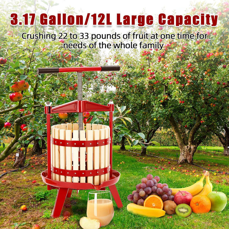 Pressoir à vin manuel en bois 3,17 gallons (12L) - Pressoir multi-usages pour cidre, miel, huile d'olive et légumes - Poignée ergonomique en T et base triangulaire stable - Utilisation dans la cuisine intérieure / extérieure