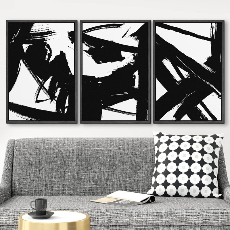 BAW noir et blanc, peinture abstraite, formes abstraites, minimaliste moderne, 3 pièces, Cadre flottant noir