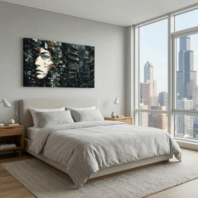 Surreal Woman Portrait Blending with Buildings and Nature Canvas Wall Art