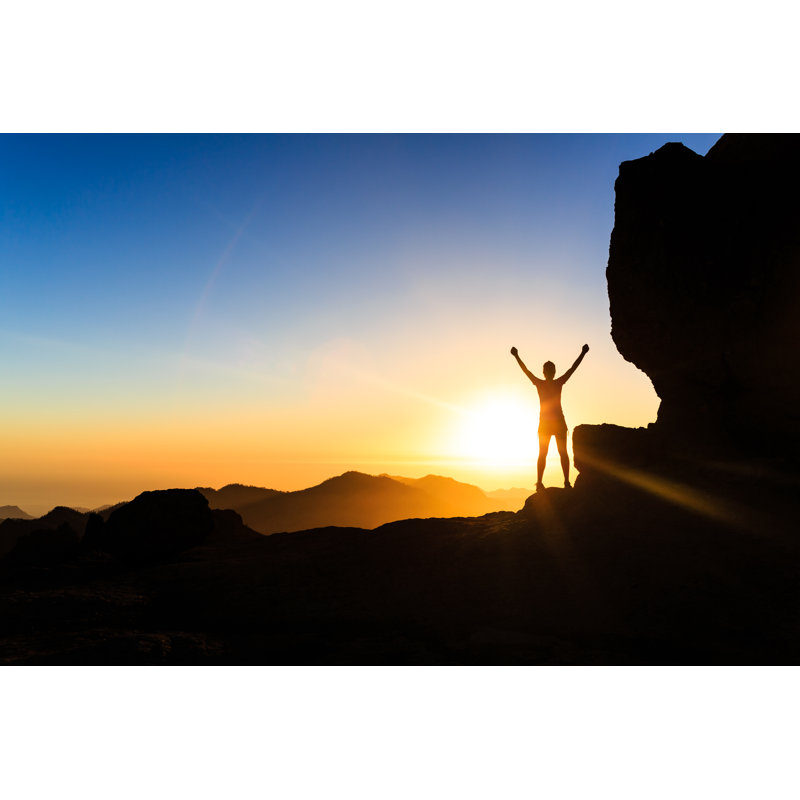 Woman Climber Success Silhouette In Mountains, Ocean And Sunset - Wrapped Canvas Print, 20cm H x 30cm W