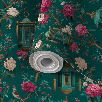 Papier peint auto-adhésif de luxe à motif de pivoines chinoises auto-adhésives et amovibles 17,7 po x 118 po (45 x 300 cm)