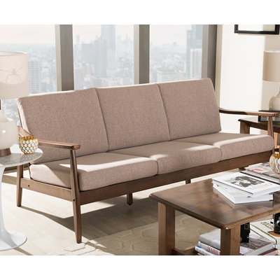 Baxton Studio Venza Mid-Century Modern Walnut Wood Light Brown Fabric Upholstered 3-Seater Sofa
