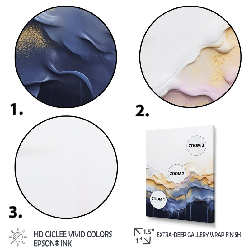 Encre liquide bleue et jaune, «I», encre liquide abstraite, Cadre doré simple, H 44 po x l 34 po x P 1,5 po