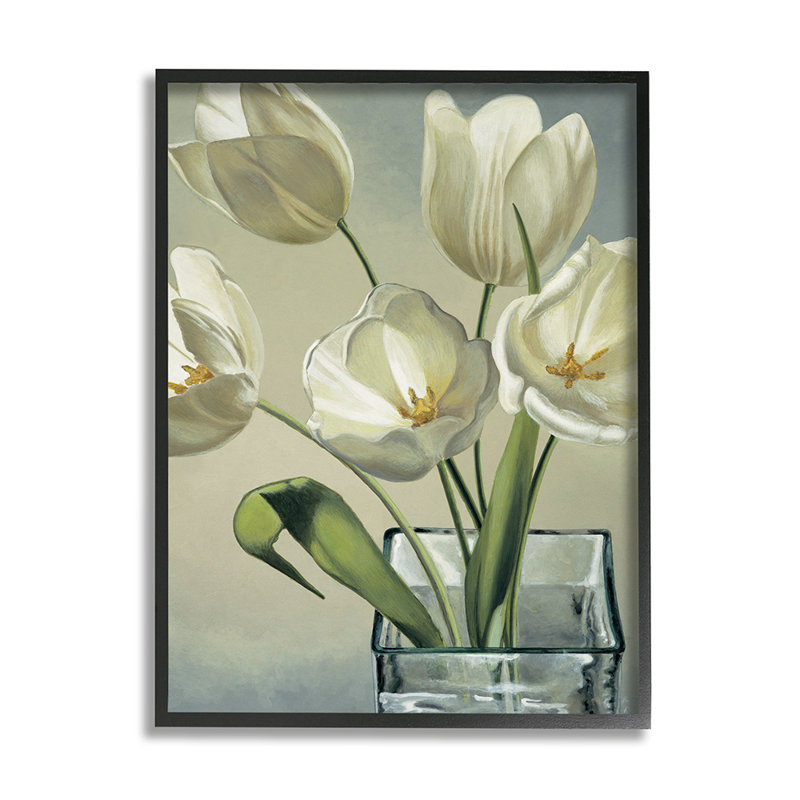 «Soft Tulip Blossoms Glass Jar White Petals» par Eva Barberini - impression d'art graphique, H 14 po x l 11 po x P 1,5 po