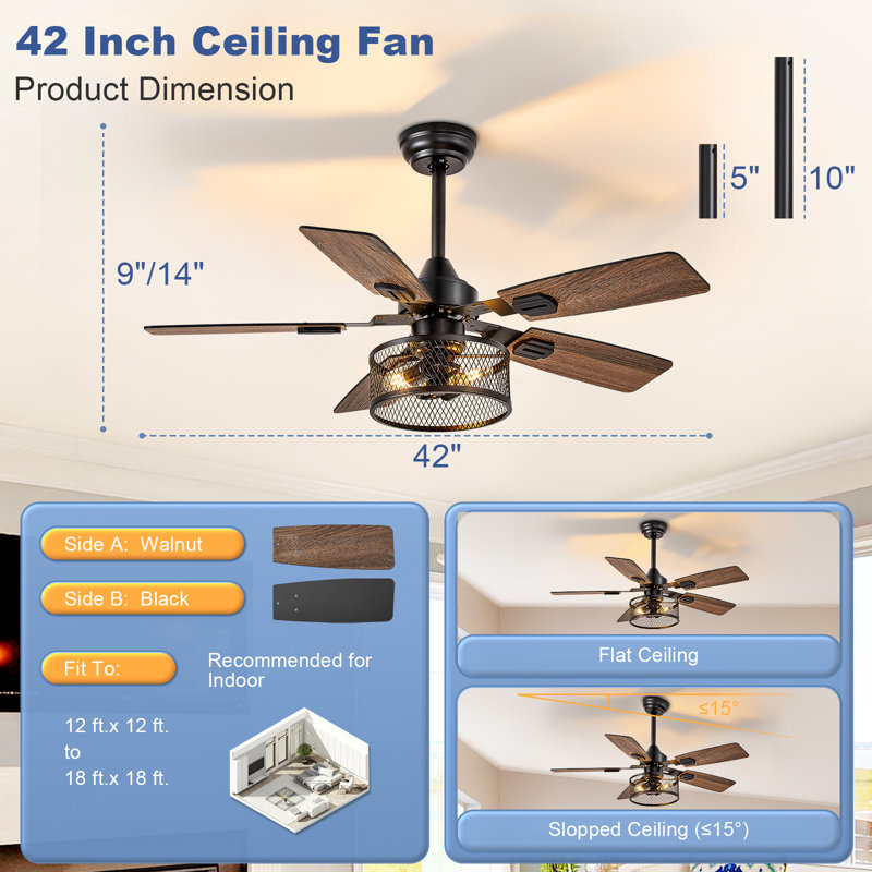 42 Inch Fine Net Caged Ceiling Fans with Lights, Dual Finish 5 Black Walnut Blades Hanging Fan, Rustic Ceiling Fan with Remote Control for Farmhouse Indoor/Outdoor Use
