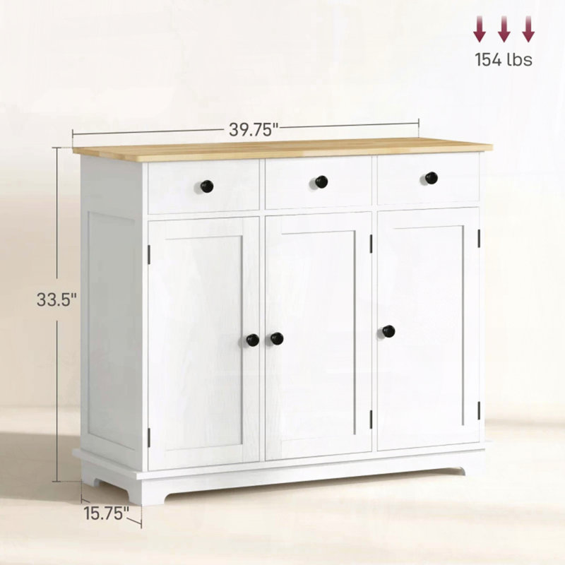 Spacious Floor Cupboard with 3 Drawers, Adjustable Shelves, and Rubberwood Top, Natural,White