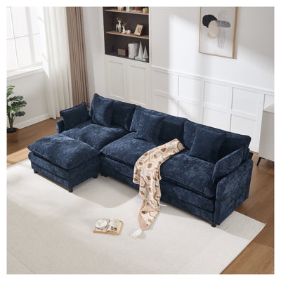 Canapé modulaire en L 108 po avec revêtement en chenille et accoudoirs coussinés 108 po, bleu