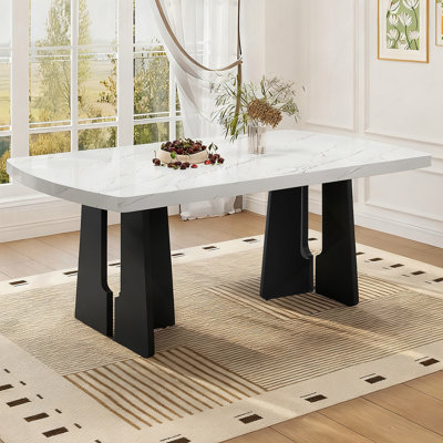 Table de salle à manger 63 po moderne en faux marbre - plateau en marbre blanc avec pieds géométriques robustes, table de cuisine et de salle à manger élégante pour la maison, appartement, bureau, facile à assembler, blanc