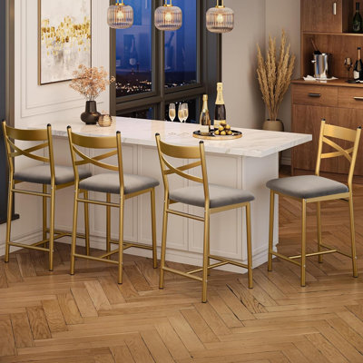 22" Counter Height Bar Stools Set of 4, PU Seat, Metal Frame, X-Back, Kitchen Island, Gold