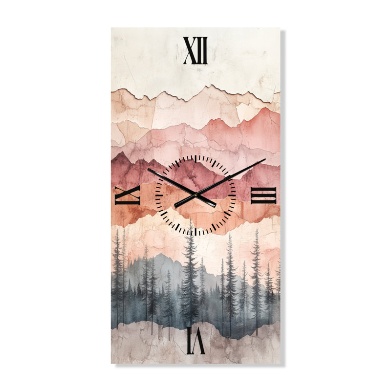 Horloge murale silencieuse en métal de style Mid-Century, motif forêt en rose poudré, H 40 po x l 20 po - Rectangle