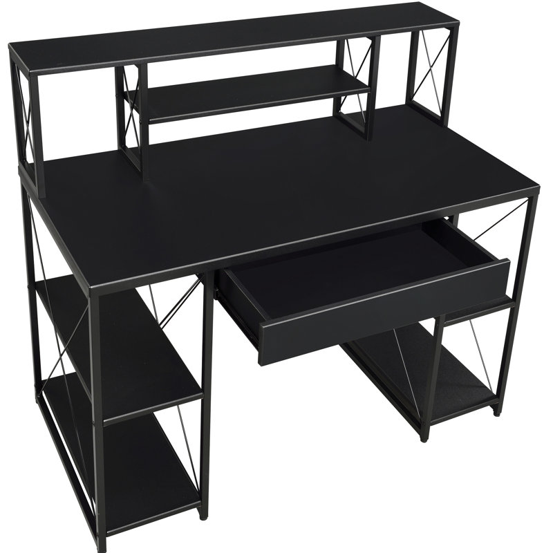 Bureau noir avec tablettes ouvertes et rangement pratique avec 1 tiroir et 8 compartiments