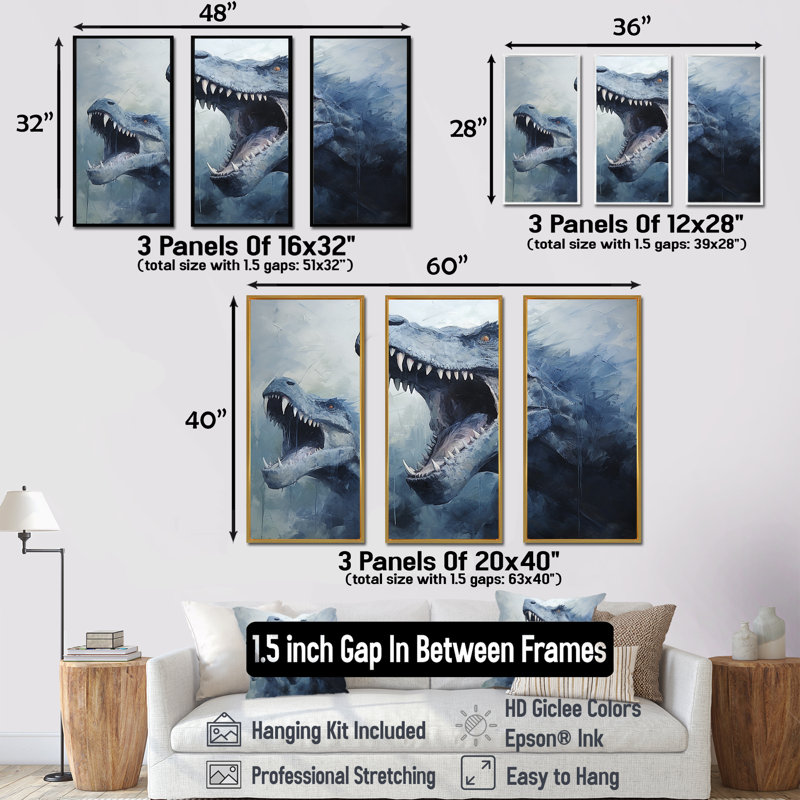 Ancien dinosaure bleu et gris II - dinosaure, art mural, Cadre flottant noir, H 28 po x l 36 po