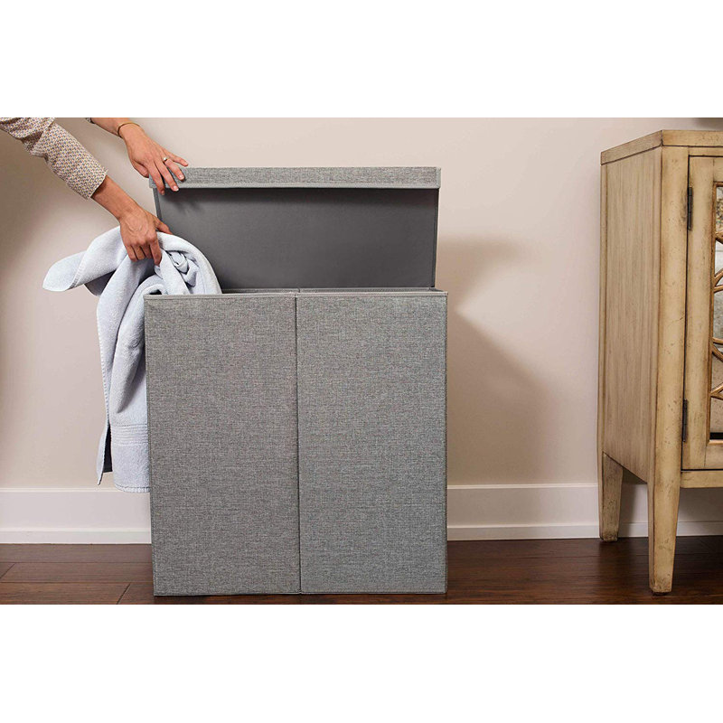 Double Gray Polyester Linen Collapsible Laundry Hamper with Lid