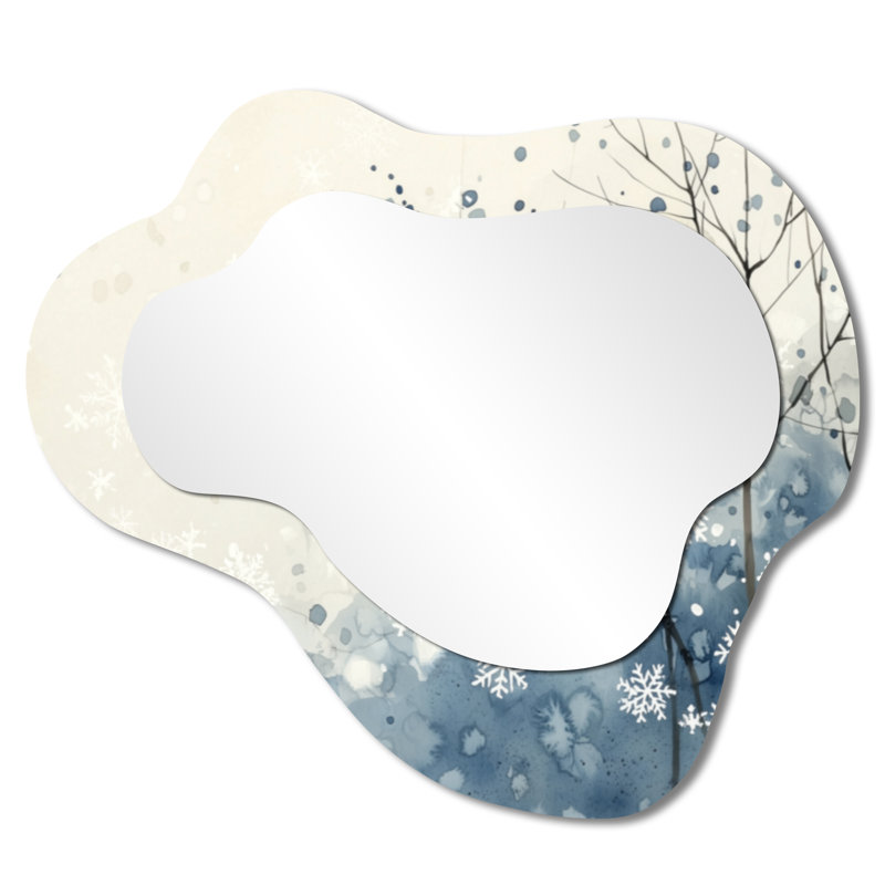 Miroir mural rustique en métal en forme de nuage - flocons de neige tombant en hiver II, impression sur métal, 25 po x 28 po