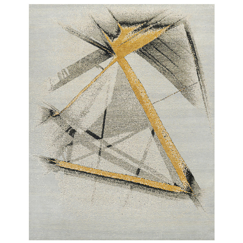 Hand Knotted Abstract Area Rug in Silver/Gray/Yellow, Rectangle 8' x 10'