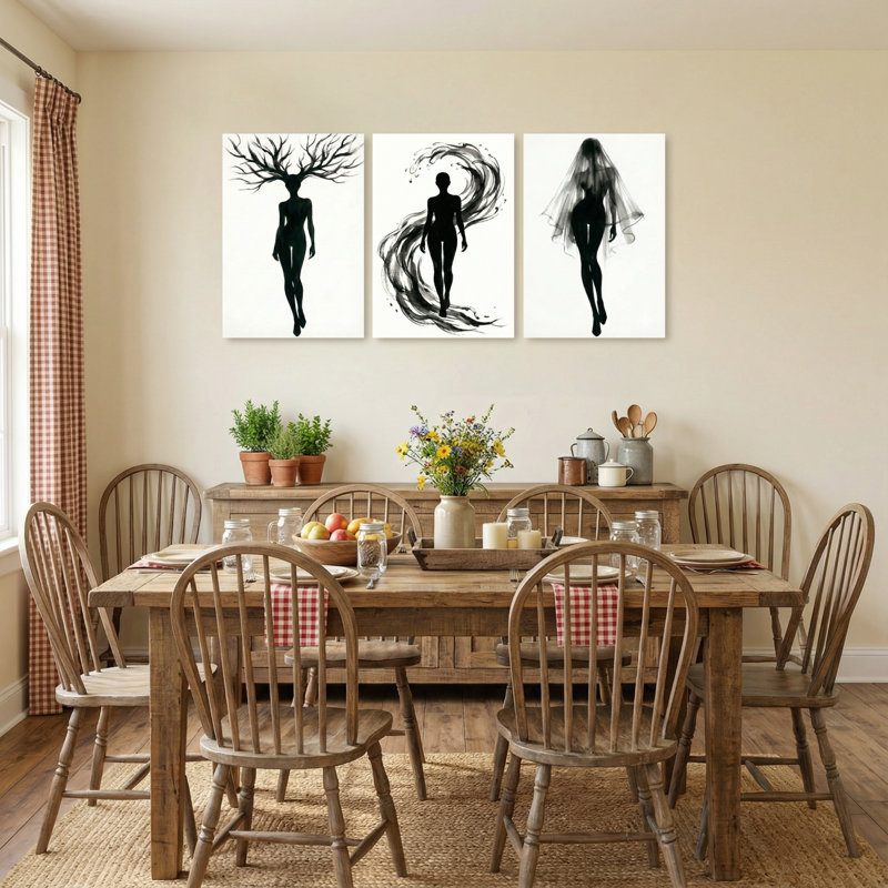 Silhouette abstraite femme arbre, voile de vent, ensemble de 3 impressions sur toile, H 18 po x l 36 po