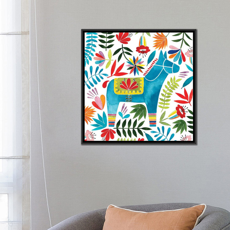 « fête otomi i », impression sur toile, H 18 po x l 18 po x P 1,5 po, Toile avec cadre noir, Pas de tapis