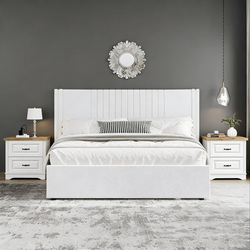 Ensemble de lit plateforme 3 pièces Modern, Blanc, Très grand lit