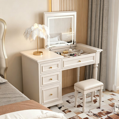 47.24" American Vintage 2-in-1 Vanity Desk – Birch Wood Frame, Solid Wood Eco-Board Cabinet, Hidden Storage Mirror, Roman Column Legs, Makeup Table & Desk