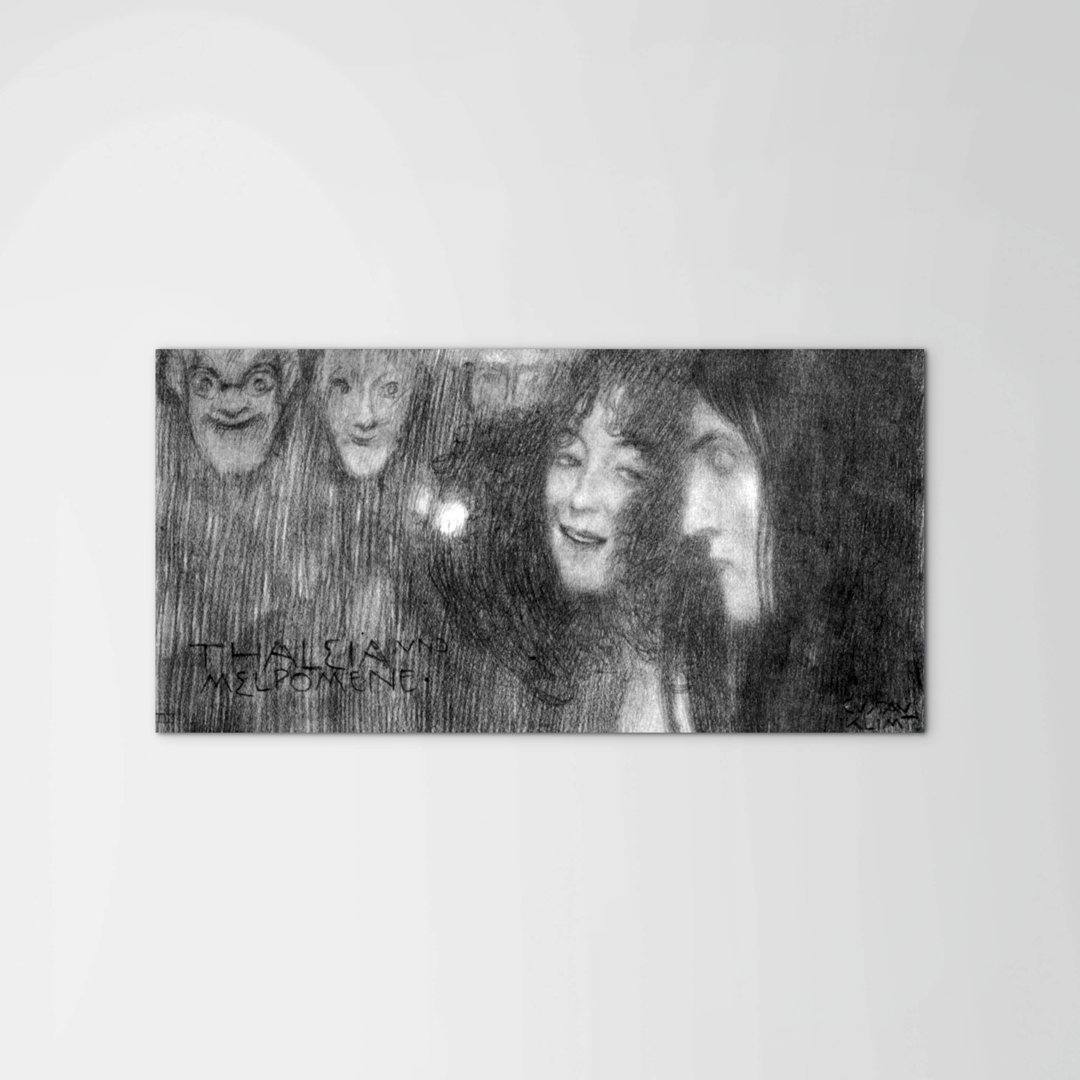 Two girls' heads in profile and masks Thalia and Melpomene by Klimt Gustav 50cm H x 100cm W High Quality Print on Frameless Panel, Lightweight, Ready
