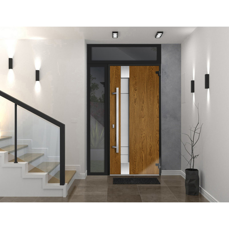 Porte d'entrée extérieure prémontée en acier deux 1713, chêne naturel, côtés et partie supérieure extérieurs, fenêtres noires, inserts en acier inoxydable, style moderne, peinte, largeur 36+12 po x hauteur 80+16 po, ouverture à gauche vers l'intérieur