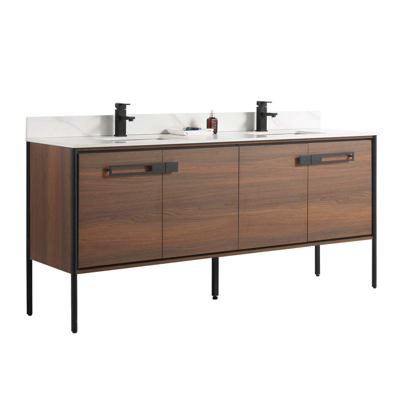 72 Double Bathroom Vanity, Matte Black, Walnut Ebony