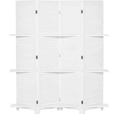 White Wood Privacy Screen, 4 Panels 67" Tall With 3 Display Shelves, Folding For Bedroom/home Panel Screen Home Office/bedroom,