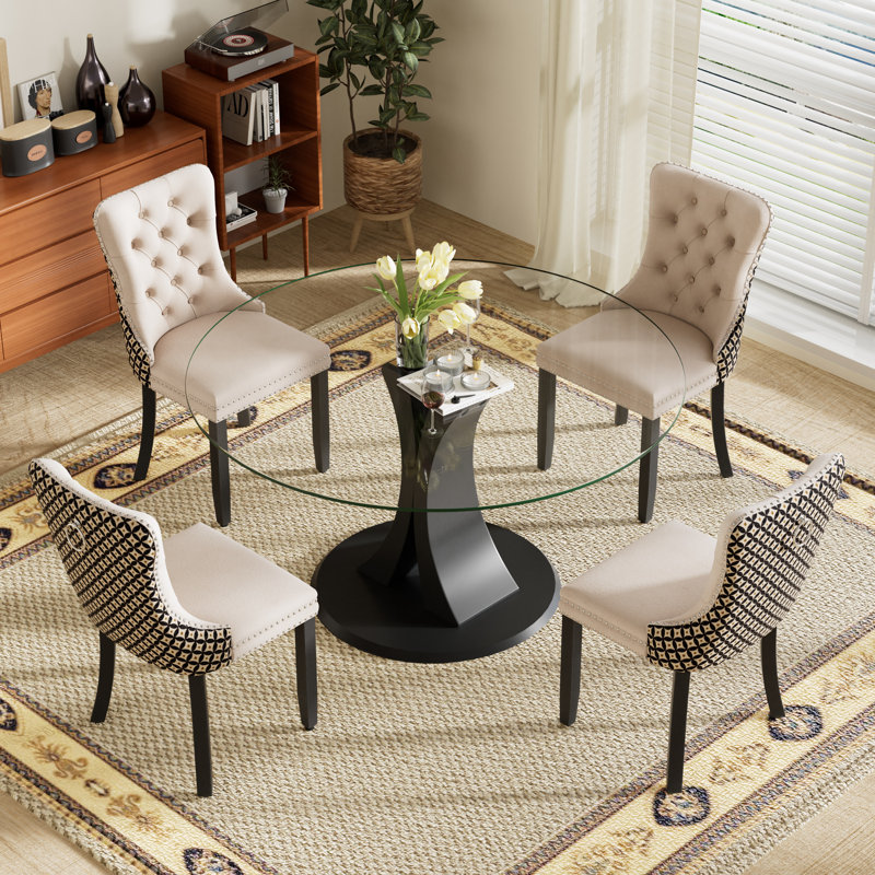 Ensemble de salle à manger 4 pièces, 29.5" H x 47" W x 47" D, Clair, Géométrique beige