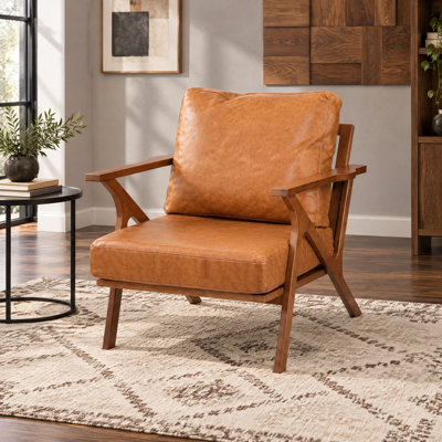 Fauteuil d'appoint moderne du milieu du siècle, fauteuil large surdimensionné en cuir PU, fauteuil lounge avec structure en bambou finition noyer, fauteuil ergonomique une place pour salon, chambre ou bureau, brun noyer