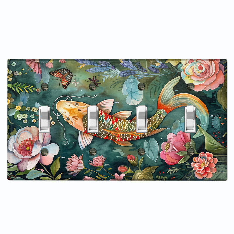 Couvercle de plaque d'interrupteur en métal; Bascule à 4 bandes US Standard - poisson Koi, # 4 Quad bascule