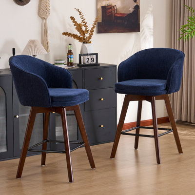 Tabourets de bar Allis de style Mid-Century moderne en chenille, tabourets de bar pivotants rembourrés avec pieds en bois, tabourets à hauteur de comptoir avec dossier à oreilles, repose-pieds, pour comptoir de bar pour îlot de cuisine, bleu