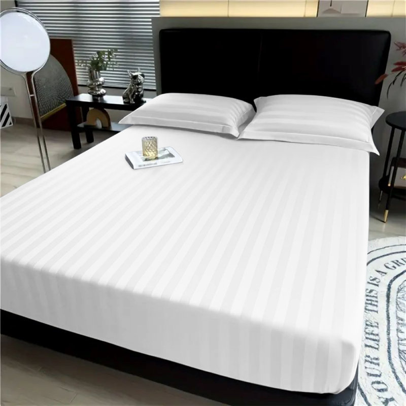 Aspire Homeware Luxury 40cm Deep Striped Fitted Sheet for Hotel Style Bedroom Comfort, Single (3'), White