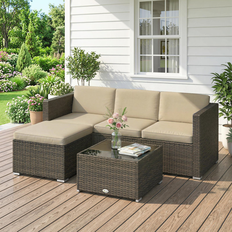 Mobilier de patio en osier avec coussins rembourrés, ensembles de canapé d'angle, kaki, Beige