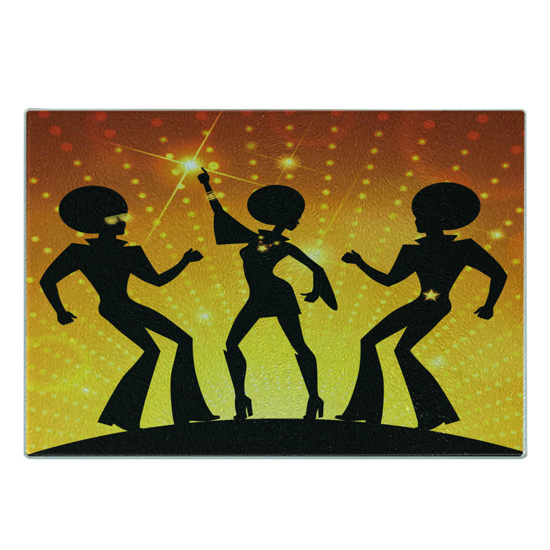 Ambesonne 70s Party Tempered Glass Cutting Board Dancing Afro People Orange Yellow Black