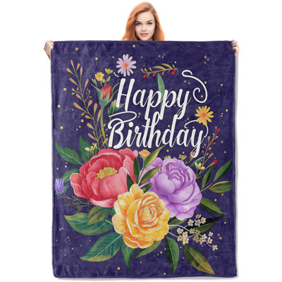 Jeté Happy Birthday, couverture en molleton douillet et doux avec imprimé floral coloré, couverture chaude légère pour canapé-lit pour femme, et est également livré avec un sac en toile sur le thème de l'anniversaire, 60 po x 80 po