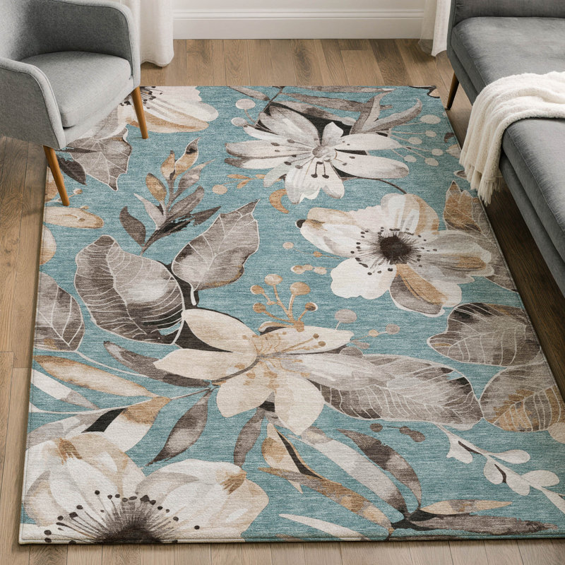 Premium Machine Washable Mayfield AMF2260 Floral Rug, Teal, 8' x 10'